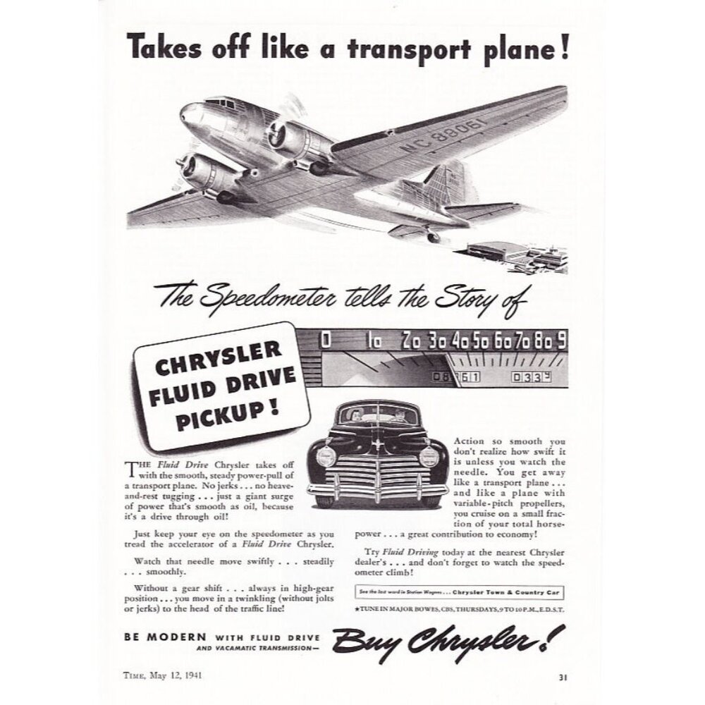 1941 Chrysler Fluid Drive Sedan art "Takes Off Like a Plane" promo print ad